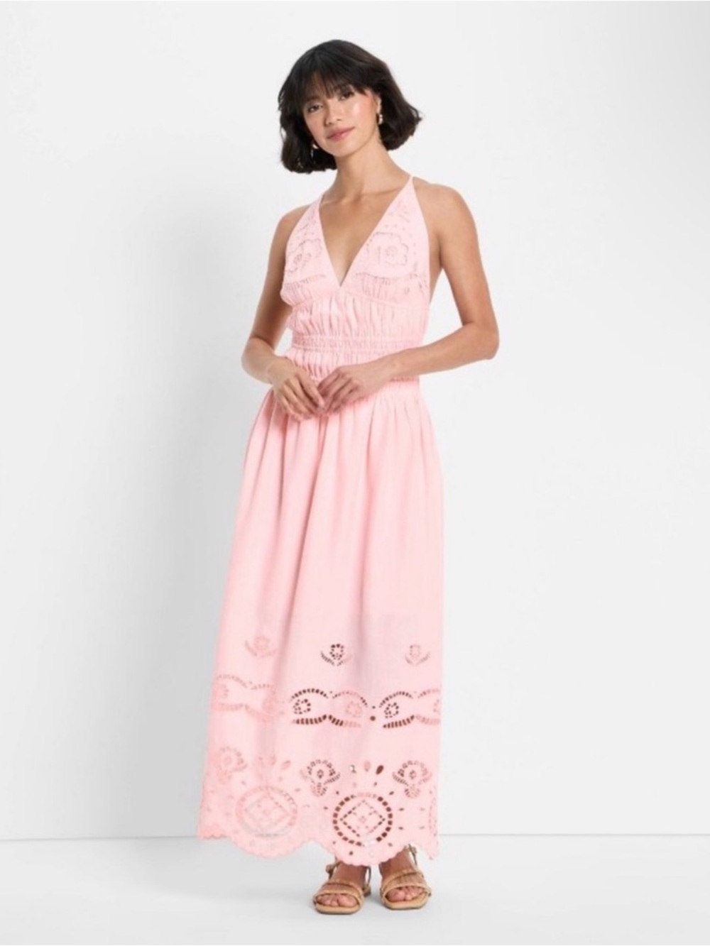Halter Eyelet Maxi Dress in Soft Pink